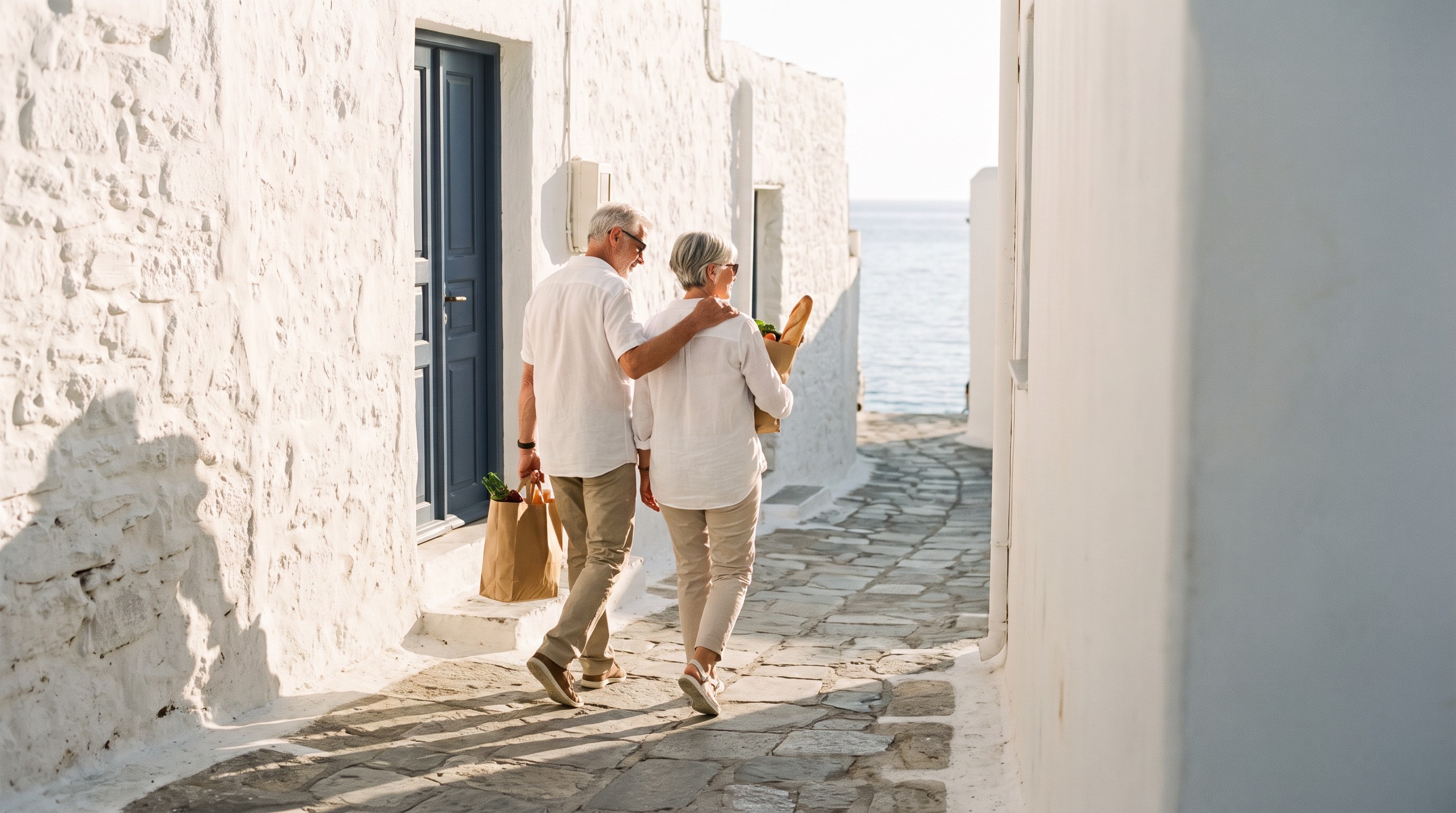 A couple in their sixties carrying groceries up a sunlit Greek island lane