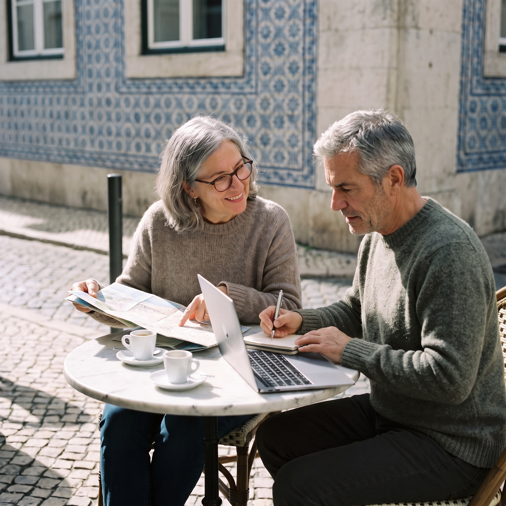 A man and woman planning a trip over a map at a sunlit Lisbon café table